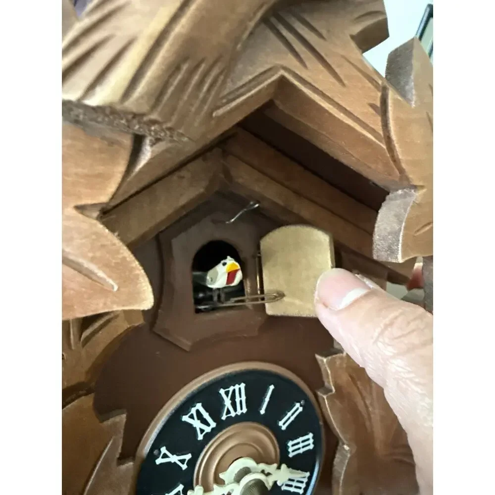 Wood Black Forest Cuckoo Clock Brown Analog Roman Numerals Bird Leaf Design